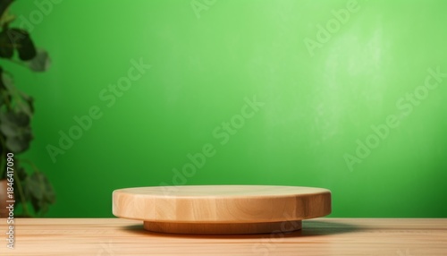 Wooden display stand on a countertop with a vibrant green background showcasing minimalist design elements for modern interiors