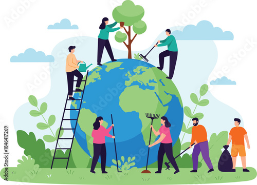 Flat design illustration of diverse people cleaning, planting, and caring for a large Earth globe, concept for environmental protection, ecology, conservation, and save the planet.