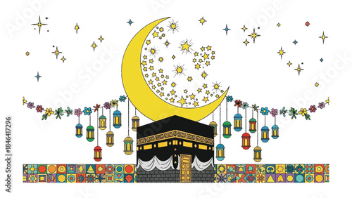 Radiant Pilgrimage: A depiction of the revered Kaaba, illuminated by a crescent moon and adorned with festive lanterns, embodying the spiritual journey.