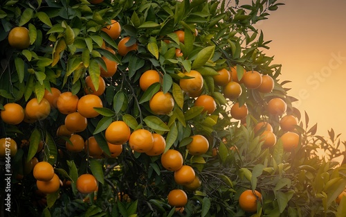 Abundant orange harvest ripe citrus fruit hanging from tree branches at sunset