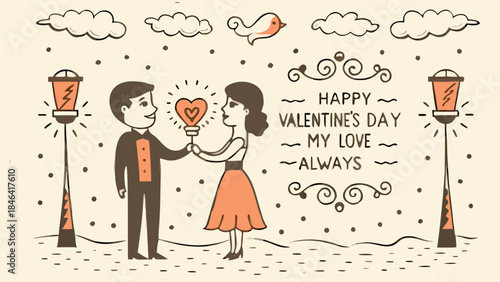 Realistic couple holding a glowing heart shaped love on valentine's day with romantic background