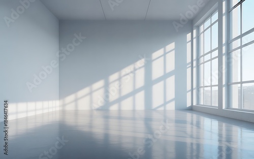 Bright empty room with large windows and sunlight reflections on the floor