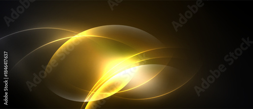 Golden light curves overlap, creating abstract shapes. Dark background emphasizes luminosity, warmth, smooth gradients. Elegant design.