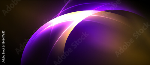 Abstract design features curved lines, vibrant purple, gold hues. Light radiates from center, creating dynamic visual effect.