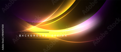 Abstract background features flowing curves, vibrant colors. Gold, purple, orange hues create dynamic visual effect. Text reads background design.
