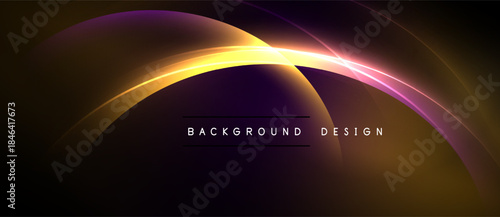 Abstract glowing curves form elegant backdrop. Dark background emphasizes vibrant color gradients, creating modern visual effect.