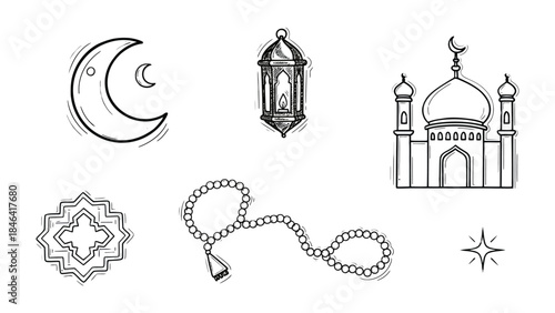 Islamic Symbols Collection: A collection of hand-drawn Islamic symbols, including a crescent moon, lantern, mosque, geometric pattern, prayer beads, and star.