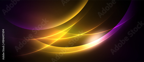Abstract flowing lines, vibrant colors blend. Golden hues dominate, purple accents present. Dark background emphasizes luminosity, creating dynamic visual effect.