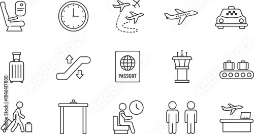 Airport travel vector icons, airplane seat, luggage, passport, control tower, escalator, security checkpoint, taxi, flight path, waiting area, air travel illustration