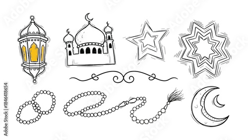 Sacred Symbols: An artistic assembly of iconic symbols including a lantern, a mosque, star, moon, and prayer beads, artfully sketched in a monochromatic style. 
