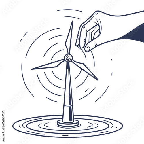Large hand touching rotating wind turbine model navy blue lines 1