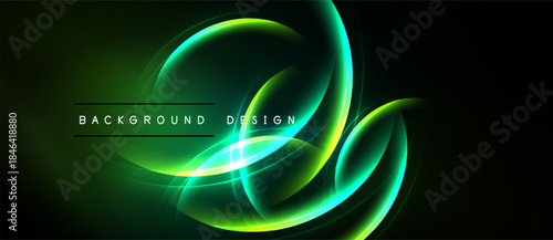 Bright neon lines form abstract shapes over dark background. Modern design element, vibrant colors, dynamic composition.