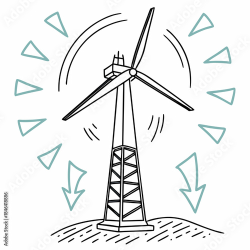Wind turbine with rotating blades and arrows indicating airflow 1