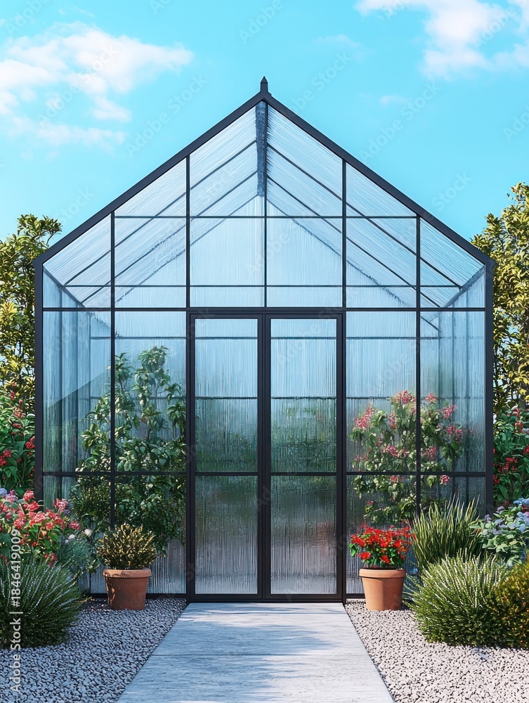 Fototapeta premium Greenhouse with black frame, glass panes, stone path, garden flowers, and blue sky