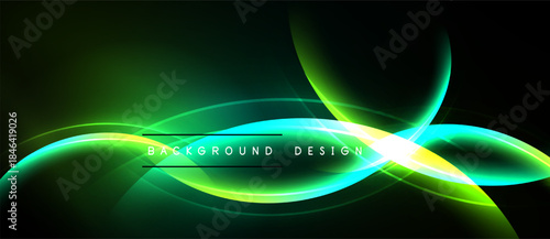 Abstract glowing waves, vibrant green, yellow, cyan hues. Dark background creates dynamic visual effect. Modern design element.