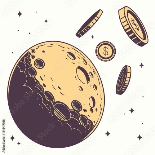 Golden moon with craters and floating coins planet