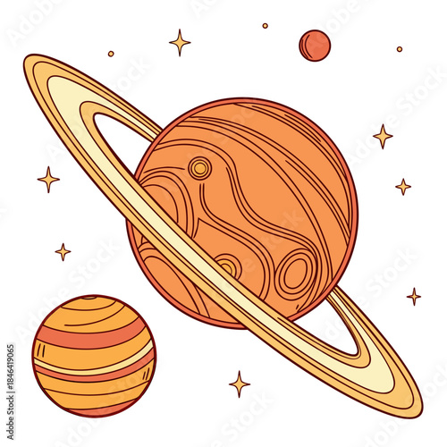 Orange planet with golden ring and moons in space stars