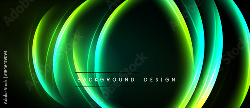 Abstract neon layers create dynamic visual effect. Dark background emphasizes glowing circular shapes, modern design element.