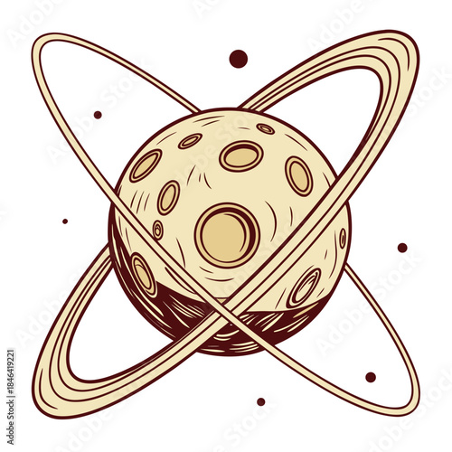 Gold planet with rings and craters on white background