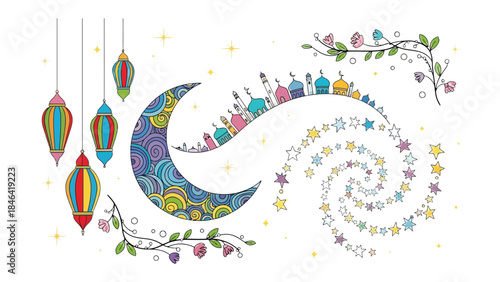 Celestial Night's Reverie: An artistic depiction of a crescent moon amidst a constellation of stars and colorful lamps, embodies the festive spirit and tranquility of a religious celebration.