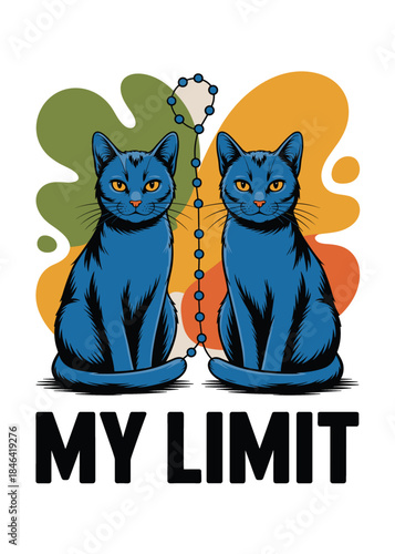 Symmetrical Blue Cats Facing Each Other with Abstract Shapes and Text