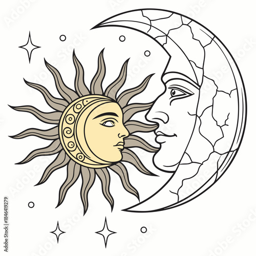 Cracked grey moon merging with sun cracked moon celestial bodies