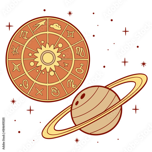 Glowing astrology wheel and planet Saturn zodiac wheel