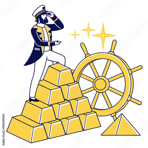 Captain standing on gold bars steering ship wheel gold cubes