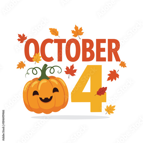 Celebrate the arrival of the autumn season on October 4th with this vibrant illustration featuring a cheerful pumpkin and colorful falling leaves