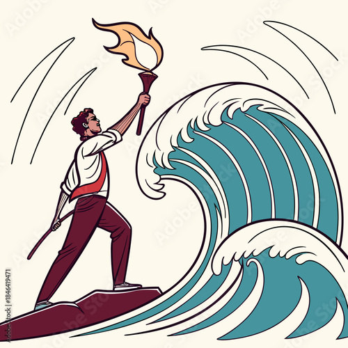 Man holding torch standing on rock with large wave crashing behind 1