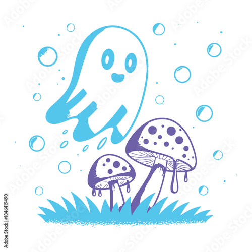 Whimsical Spooky Character Floating Among Magical Mushrooms and Bubbles