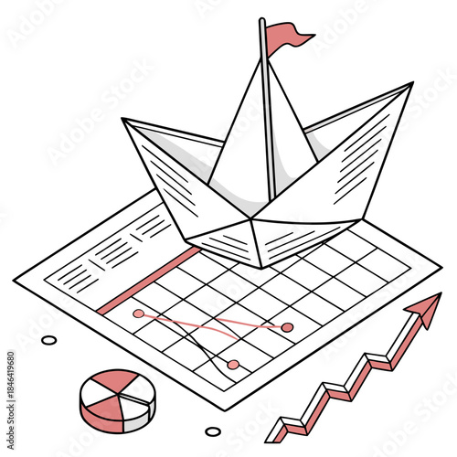 Paper boat on graph paper with charts and graphs origami