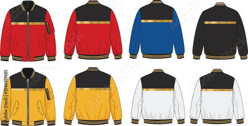 Bomber jacket vector illustration, fashion clothing design, stylish outerwear collection, trendy apparel mockup, colorful sportswear set, modern streetwear outfit, casual wear concept, retail showcase