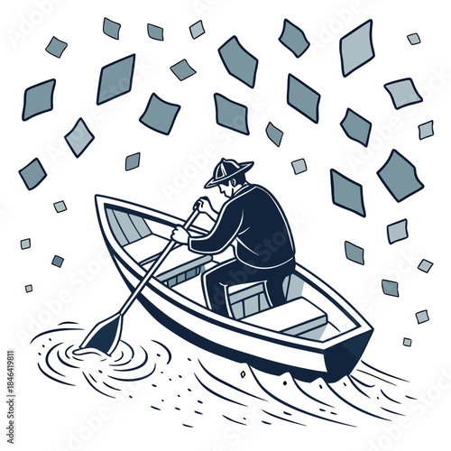 Man rowing boat through falling data cubes white background