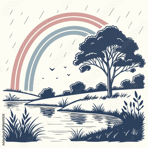 Rainbow forming after storm over calm water with tree