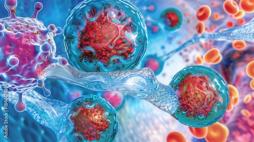 Autoimmune thyroiditis: Scientific medical illustration showing autoimmune attack on thyroid cells, antibodies attacking thyroid tissue, immune cells infiltration process