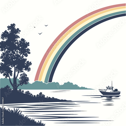 Rainbow over calm water with boat and tree birds
