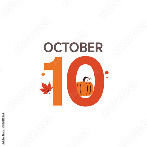 October Tenth festive fall calendar design with seasonal autumn elements like a vibrant pumpkin and a gracefully falling maple leaf illustration.