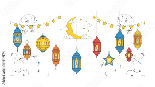 Lanterns of Light and Lunar Delight: A festive array of colorful lanterns, strung together with twinkling stars and the soft glow of the crescent moon, evoking a sense of celebration.