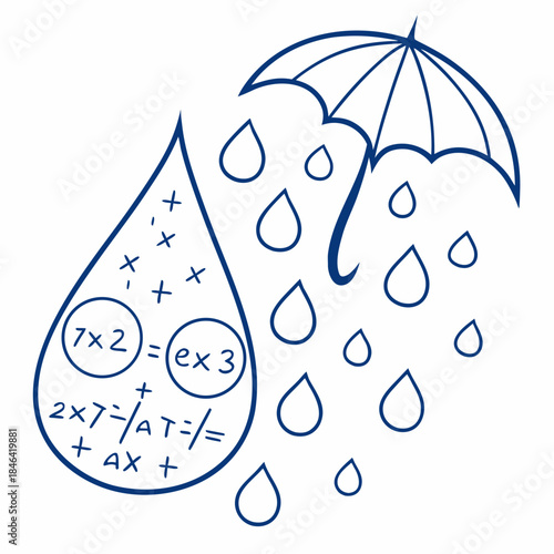 Raindrops and umbrella with mathematical equations on raindrop