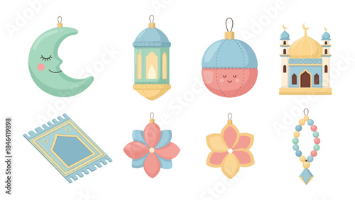 Festive Ornament Set: A collection of charming ornaments, including crescent moon, lanterns, mosque, prayer rug and floral motifs, evoking a sense of joy and cultural significance.