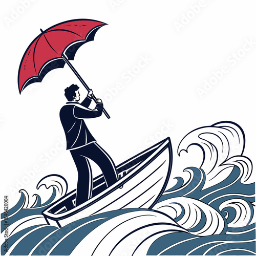 Businessman holding red umbrella on small boat in rough seas