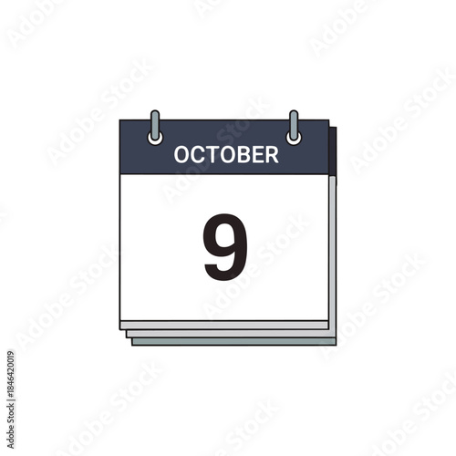A simple, clean vector icon featuring a calendar page prominently displaying October 9, ideal for digital interfaces, event planning, and time