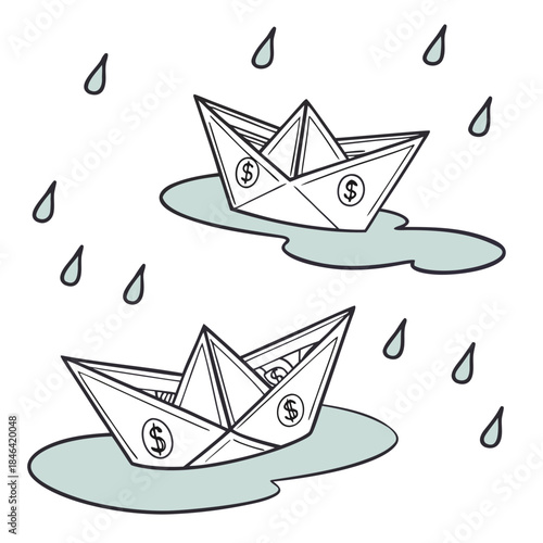 Paper boats shaped like currency notes floating in water with raindrops 1