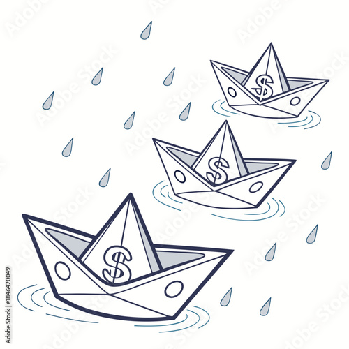 Paper boats shaped like currency notes floating in water with raindrops 2