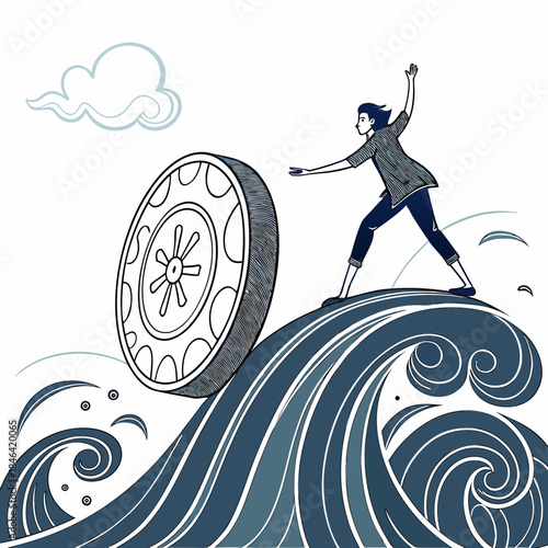 Person balancing on giant coin amid swirling ocean waves