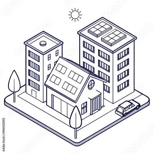 Isometric eco city block with solar panels on rooftops