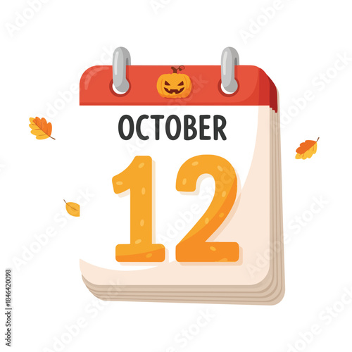 Vibrant October twelfth calendar page adorned with a cheerful pumpkin icon and crisp autumn leaves