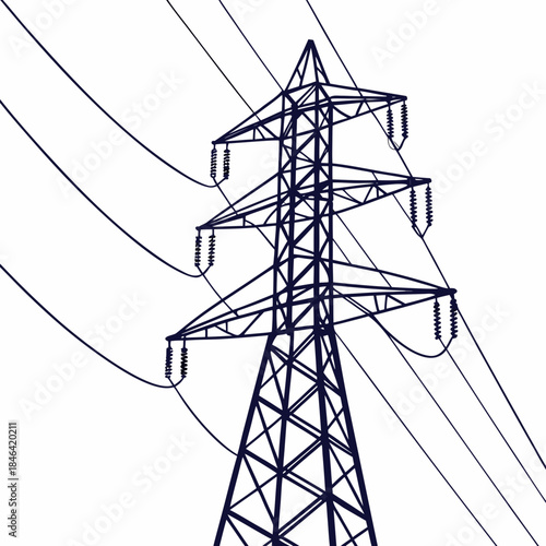 Electric power transmission tower with glowing wires on white background 1