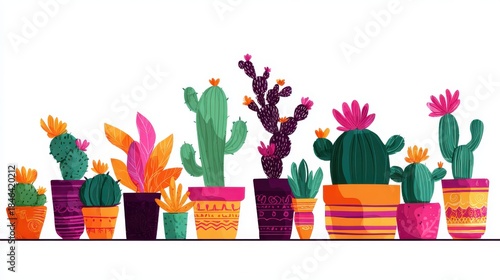 Colorful assortment of vibrant cacti in decorative terracotta pots arranged neatly